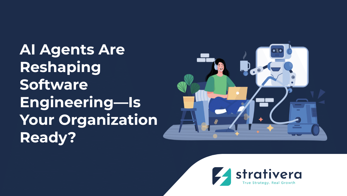 Developer collaborating with an AI robot assistant—illustrating Strativera’s insights on how AI agents are transforming software engineering workflows and team productivity.