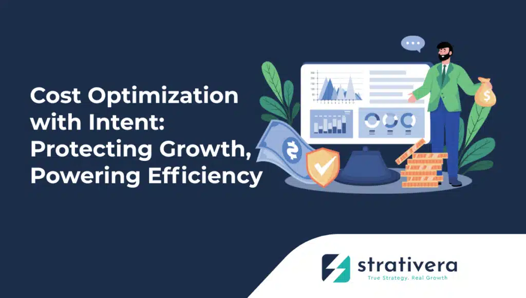 Business leader analyzing charts and holding a money bag—illustrating Strativera’s approach to strategic cost optimization that protects growth and drives efficiency.