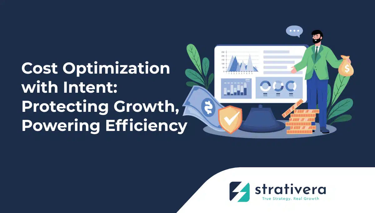 Business leader analyzing charts and holding a money bag—illustrating Strativera’s approach to strategic cost optimization that protects growth and drives efficiency.