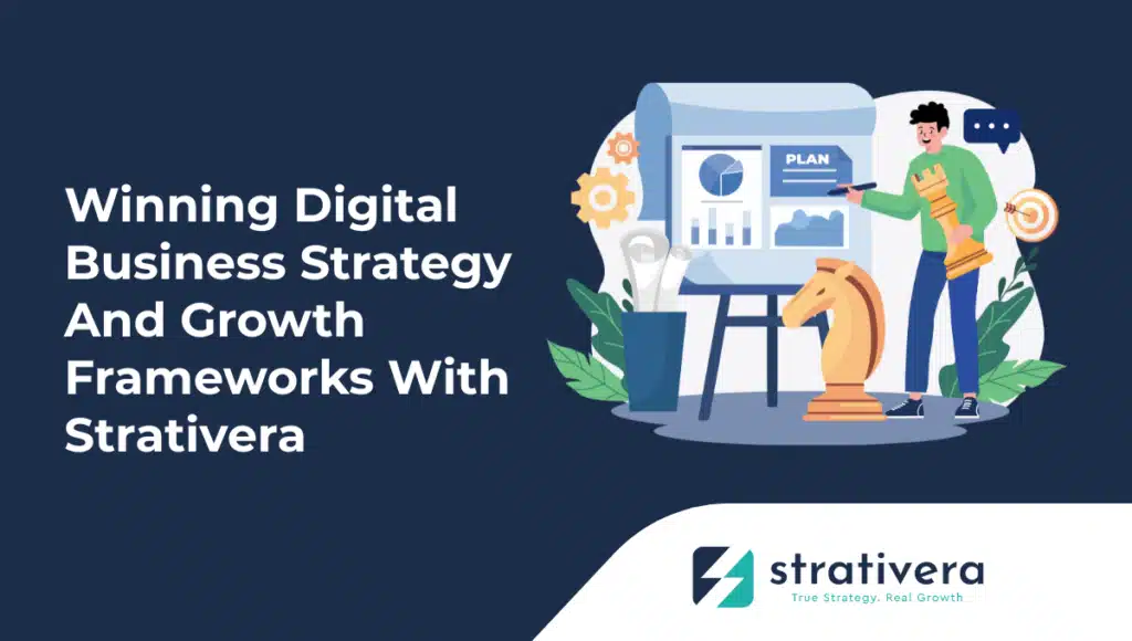 Business strategist presenting growth plan with charts and chess pieces—illustrating Strativera’s digital business strategy and scalable growth frameworks.