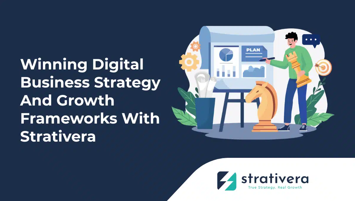 Business strategist presenting growth plan with charts and chess pieces—illustrating Strativera’s digital business strategy and scalable growth frameworks.