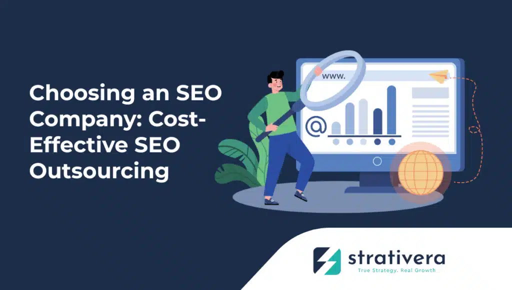 Person holding a magnifying glass over a computer with bar chart and @ symbol—illustrating Strativera’s guide to choosing a cost-effective SEO outsourcing company.