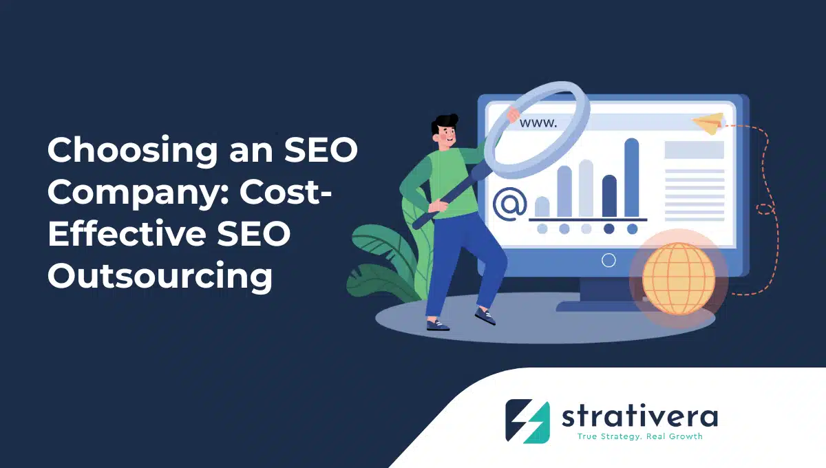 Person holding a magnifying glass over a computer with bar chart and @ symbol—illustrating Strativera’s guide to choosing a cost-effective SEO outsourcing company.