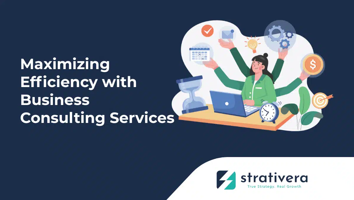 Business consultant managing multiple tasks with laptop, gears, clock, and dollar icons—illustrating Strativera’s guide to maximizing efficiency through business consulting services.