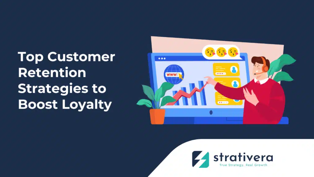 Customer service representative analyzing retention metrics and loyalty feedback on a computer screen, illustrating Strativera’s guide on customer retention strategies to boost loyalty.
