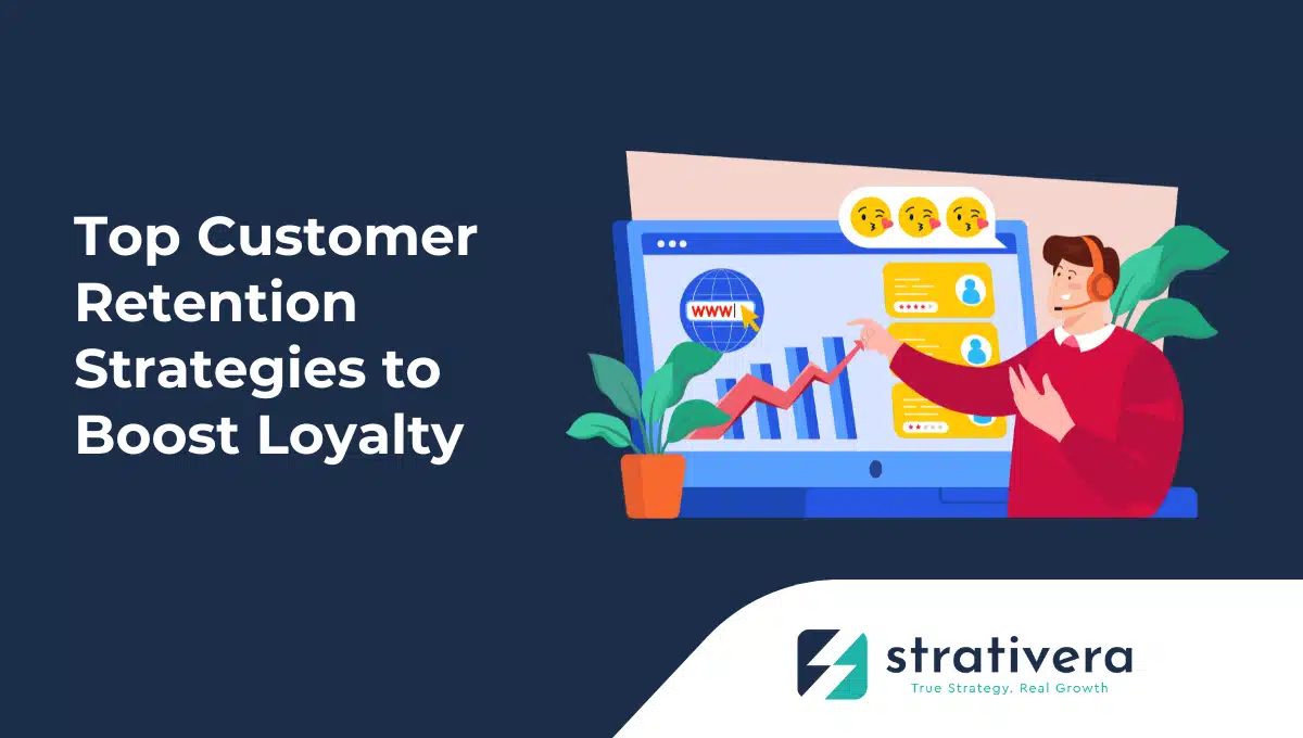 Customer service representative analyzing retention metrics and loyalty feedback on a computer screen, illustrating Strativera’s guide on customer retention strategies to boost loyalty.