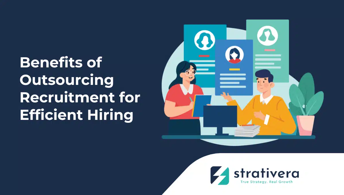 HR professionals reviewing candidate profiles and discussing recruitment outsourcing strategies, representing Strativera’s guide to efficient hiring and recruitment process outsourcing.