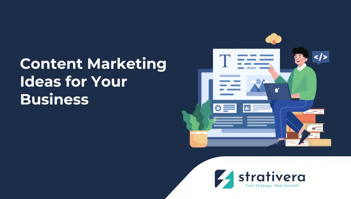 Illustration of a marketer sitting with a laptop creating content on a large screen, representing Strativera’s guide on content marketing ideas to grow your business.