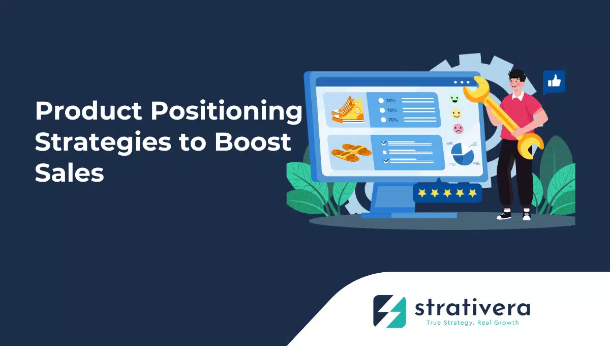 Marketer adjusting digital product dashboard with analytics charts and reviews, representing Strativera’s guide to product positioning strategies that boost sales and customer trust.