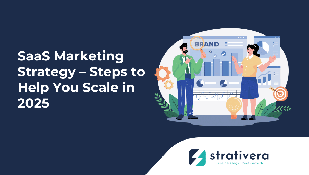 Two marketing professionals analyzing SaaS growth charts and brand performance metrics, illustrating Strativera’s guide to SaaS marketing strategy and scalable growth in 2025.