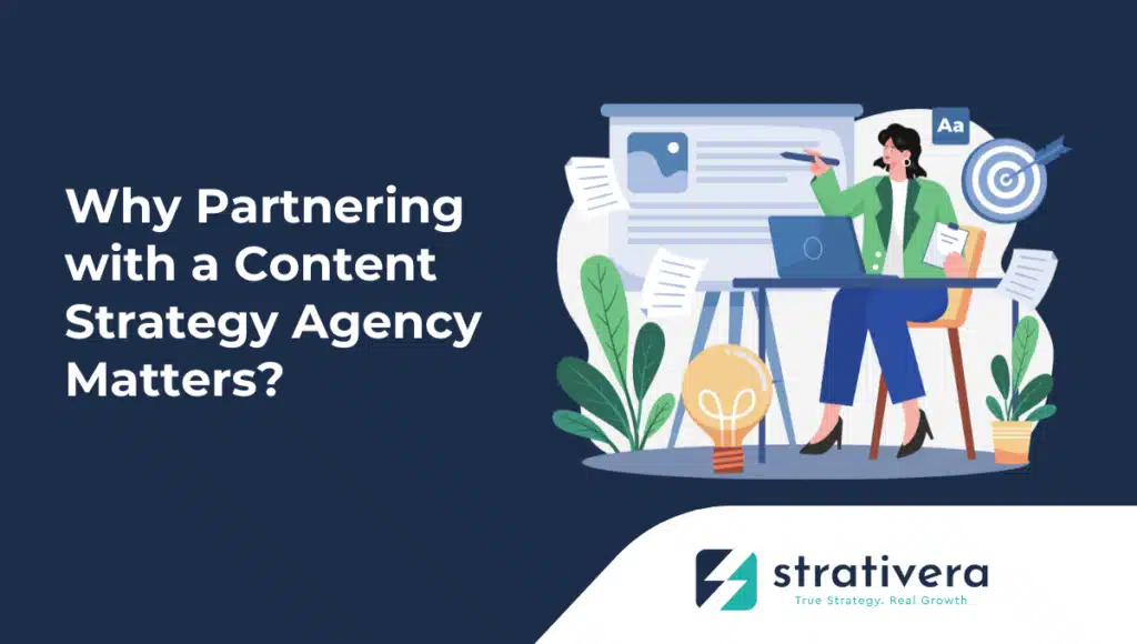 Illustration of a marketing professional presenting a content plan on a large screen, representing Strativera’s guide on why partnering with a content strategy agency drives brand growth and ROI.
