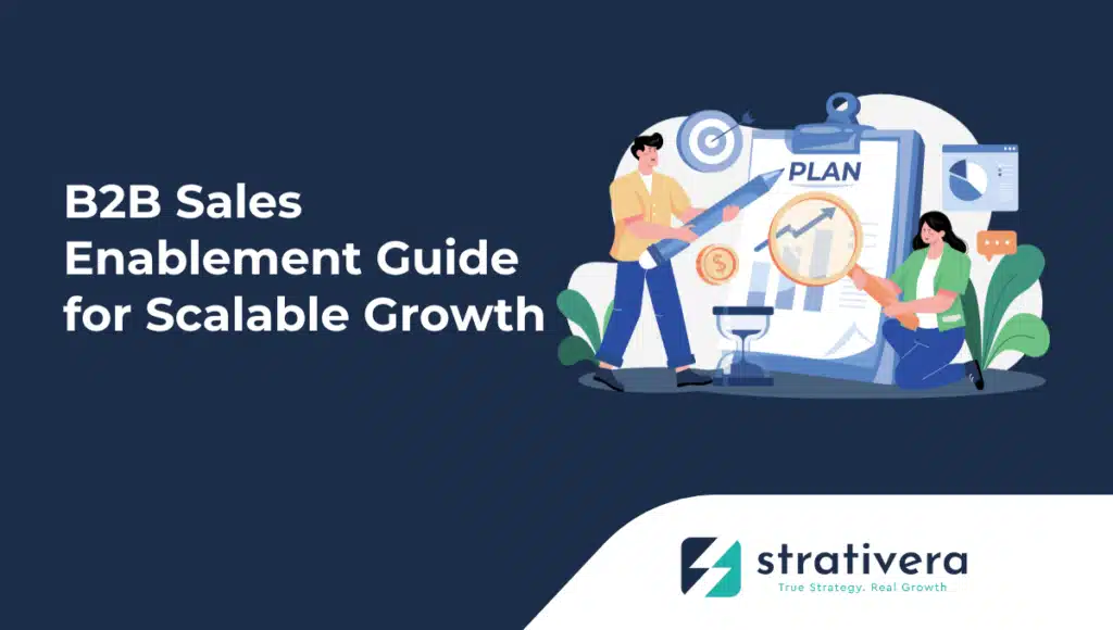 Illustration of two business professionals reviewing a sales growth plan with charts and analytics, representing Strativera’s B2B Sales Enablement Guide for scalable growth.