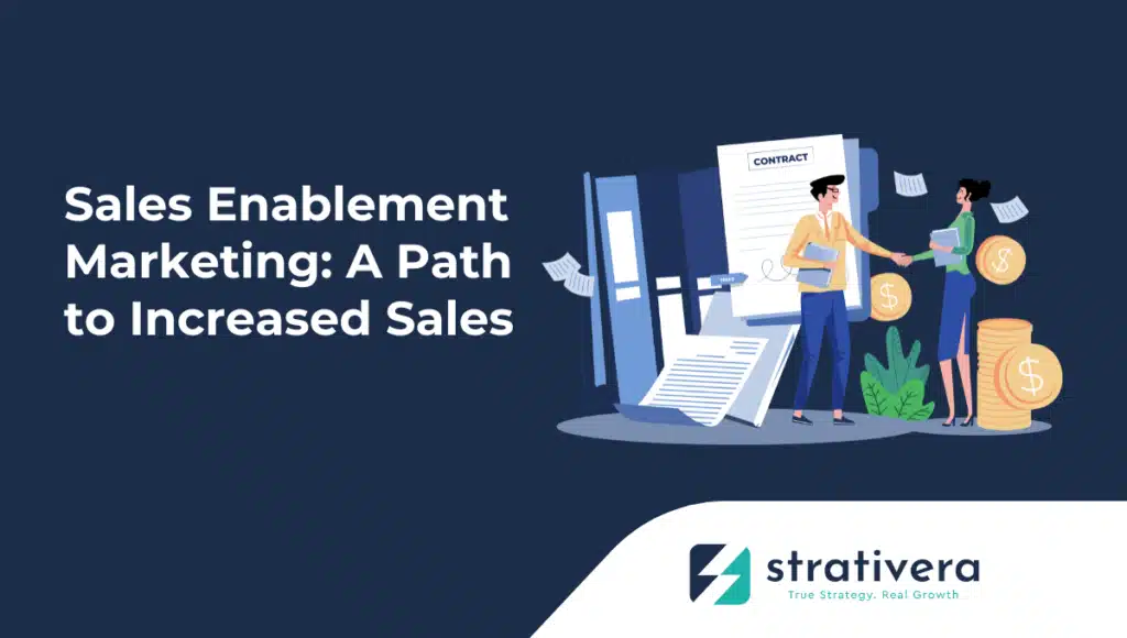 Illustration of two business professionals shaking hands in front of sales contracts and charts, representing Strativera’s Sales Enablement Marketing framework for increased sales.