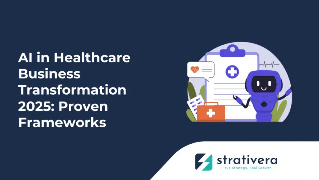 Illustration of artificial intelligence supporting healthcare transformation in 2025 with medical robot, health chart, and Strativera branding