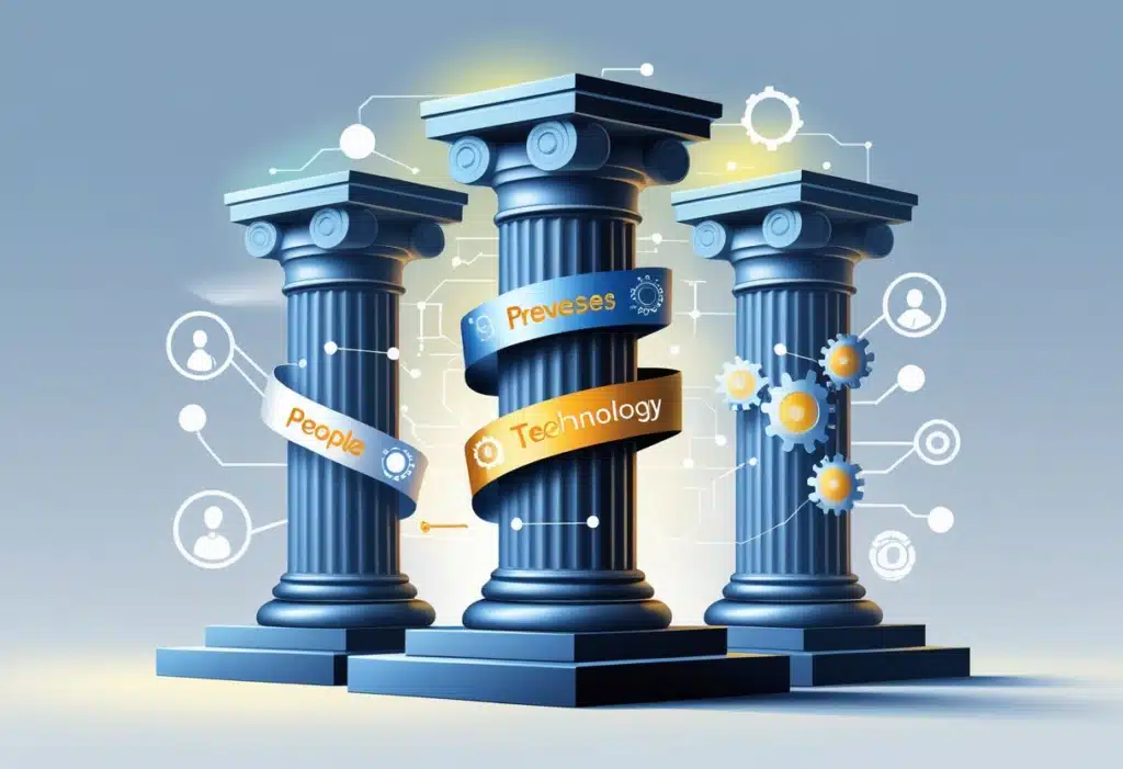 Three pillars labeled People, Processes, and Technology representing the core foundations of Revenue Operations and business efficiency.