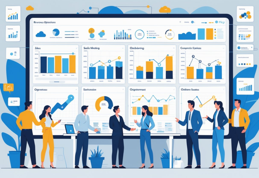 What Is RevOps In SaaS? Maximizing Growth and Efficiency 2 Illustration of SaaS professionals analyzing shared revenue dashboards, representing how RevOps aligns marketing, sales, and customer success for predictable growth.