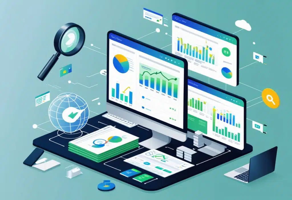 How Digital Marketing Works: Key Processes, Channels & Strategies 4 Digital marketing analytics dashboards on multiple screens with charts and graphs showing SEO performance, audience insights, and engagement metrics connected across devices.