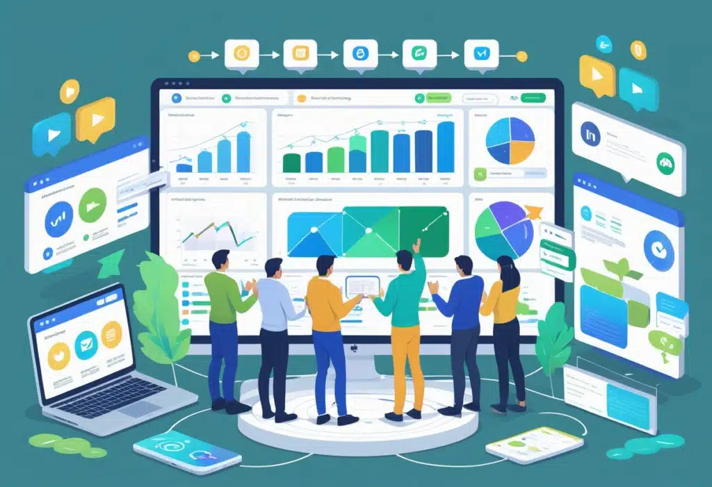 How Digital Marketing Works: Key Processes, Channels & Strategies 3 Team of digital marketers reviewing performance analytics on large screens with graphs, charts, and marketing dashboards representing integrated SEO, social media, email, and mobile data.
