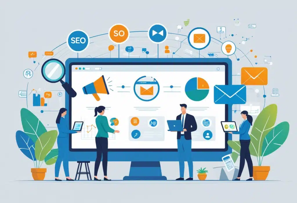 How Digital Marketing Works: Key Processes, Channels & Strategies 2 Digital marketing illustration showing professionals analyzing SEO, email marketing, and analytics on a large screen with icons representing social media, content strategy, and conversion metrics.