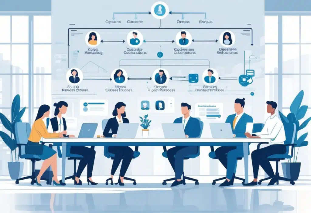 How to Become RevOps: Essential Steps for Building a Successful Revenue Operations Career 3 A team of business professionals in a meeting reviewing an organizational chart illustrating the collaboration between marketing, sales, and customer success in a Revenue Operations structure.