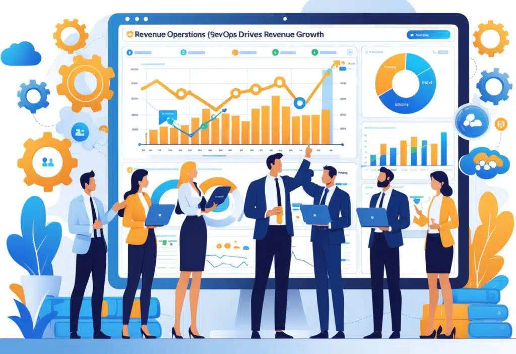 RevOps Agency: Unlock Revenue Operations for Sustainable Growth 3 Revenue operations (RevOps) professionals analyzing charts and dashboards that track sales, marketing, and customer success performance to drive business growth.