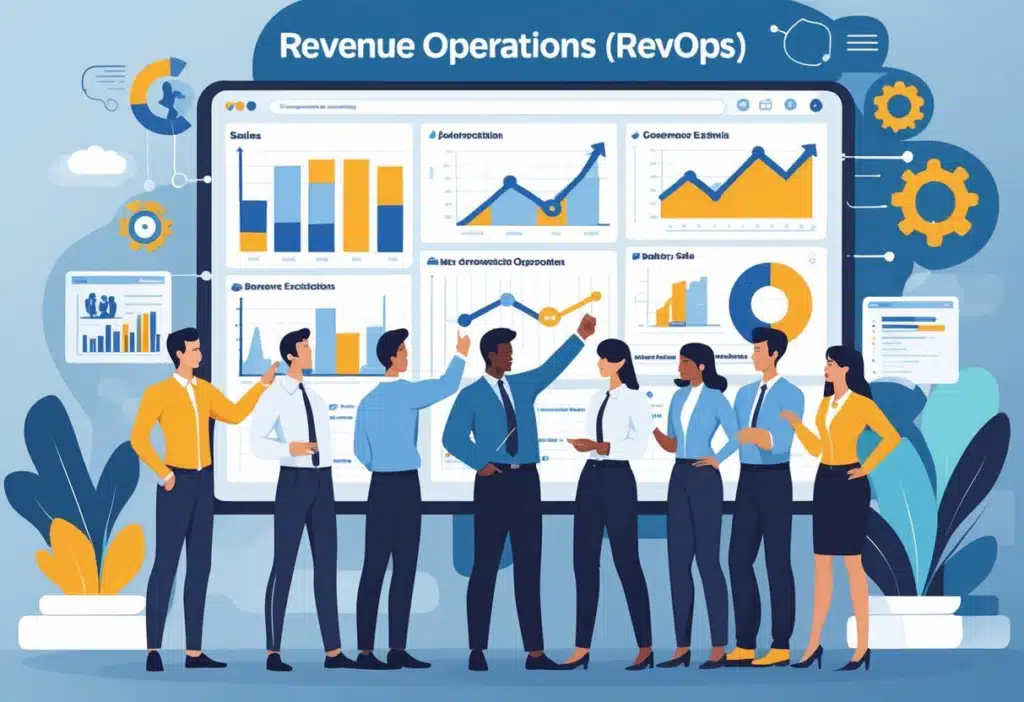 RevOps Agency: Unlock Revenue Operations for Sustainable Growth 2 Revenue operations (RevOps) agency team analyzing sales, marketing, and revenue performance dashboards to align growth strategy and business operations.