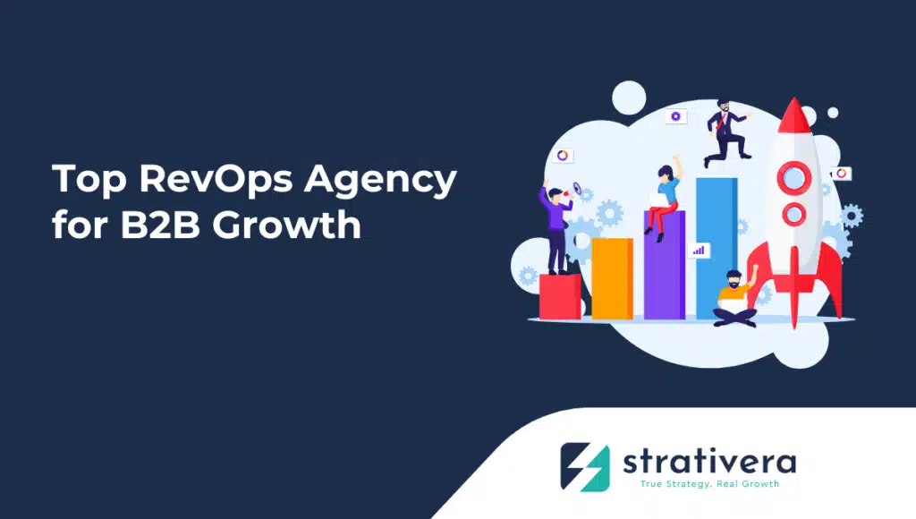 A RevOps agency team collaborating around analytics dashboards and performance charts to align sales, marketing, and customer success for predictable revenue growth.