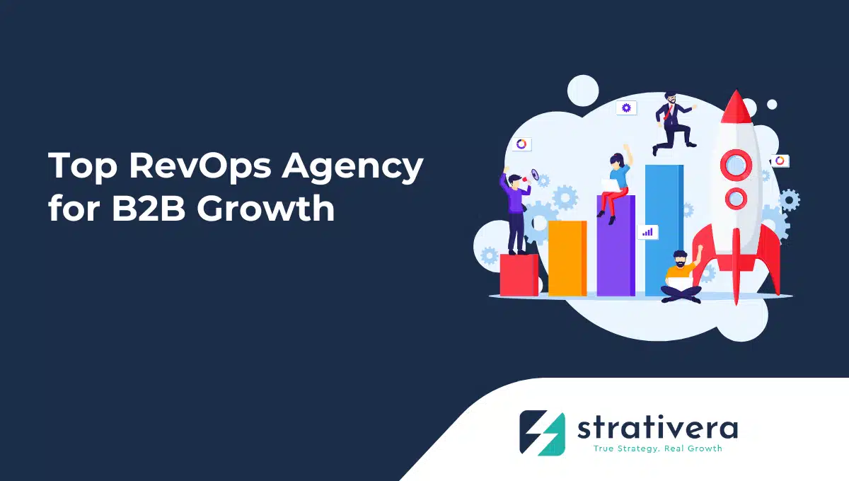 A RevOps agency team collaborating around analytics dashboards and performance charts to align sales, marketing, and customer success for predictable revenue growth.