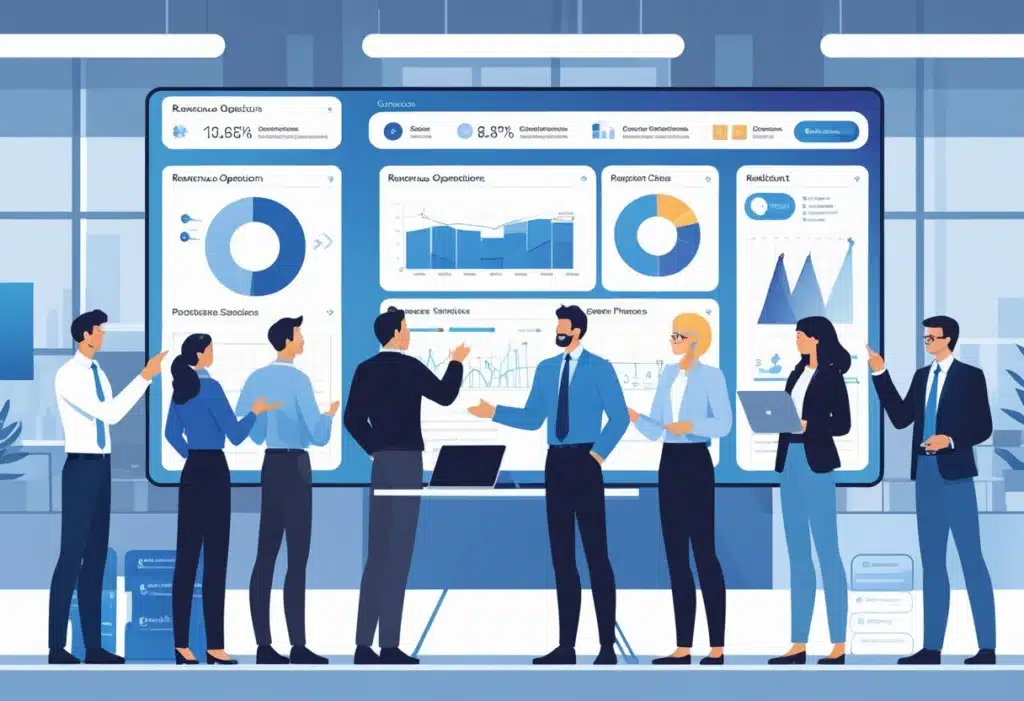Business team collaborating in front of a digital analytics dashboard showing revenue operations, sales, and customer success performance metrics.