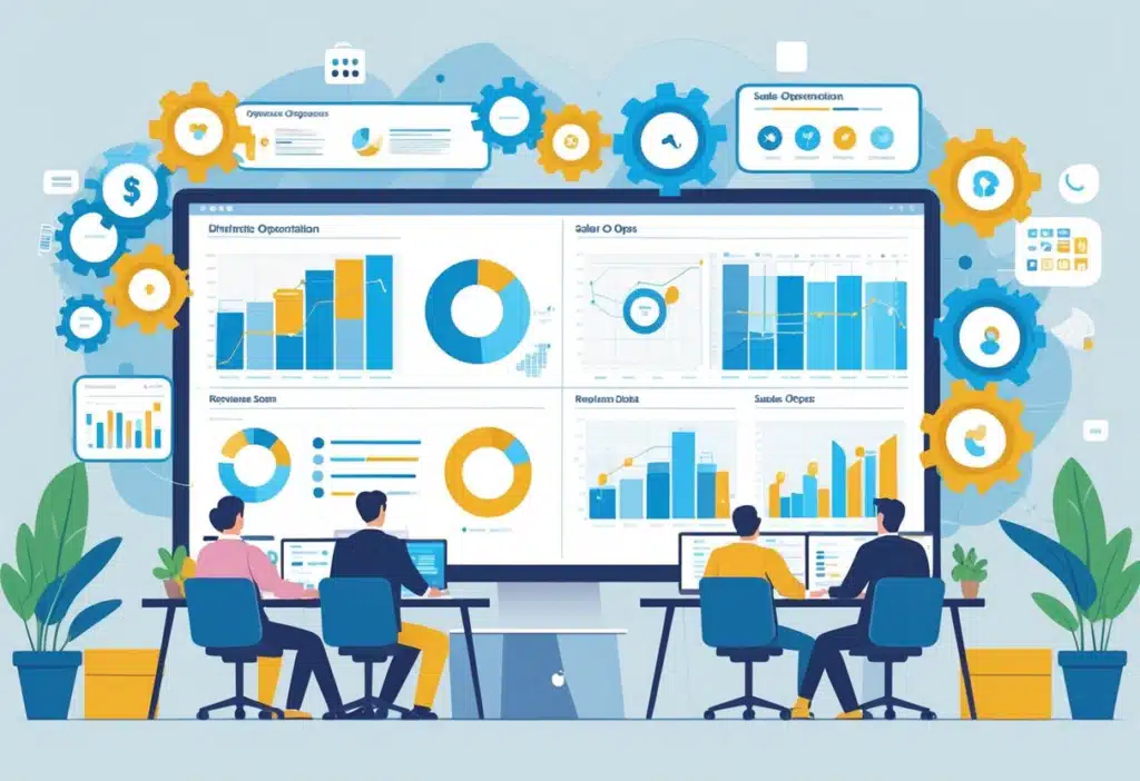 RevOps vs Sales Ops: Comprehensive Differences & Impact Explained 2 Teams working with integrated dashboards displaying revenue, sales, and performance metrics representing collaboration between RevOps and SalesOps functions.