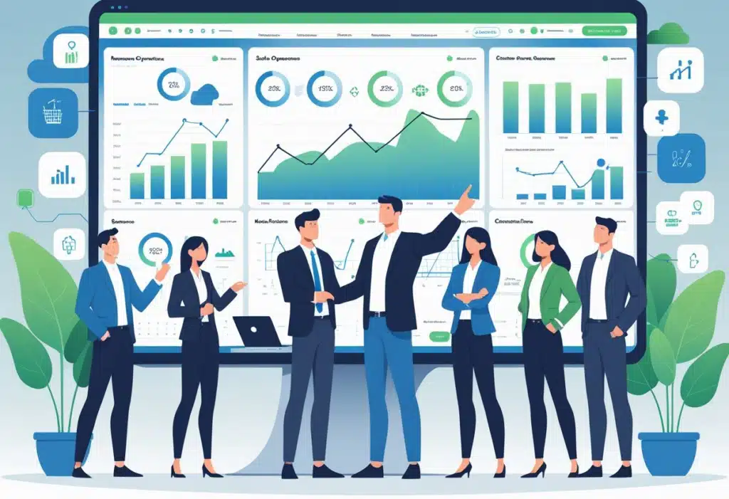 Business team collaborating in front of a large digital dashboard displaying revenue growth charts, KPIs, and analytics for sales, marketing, and customer success