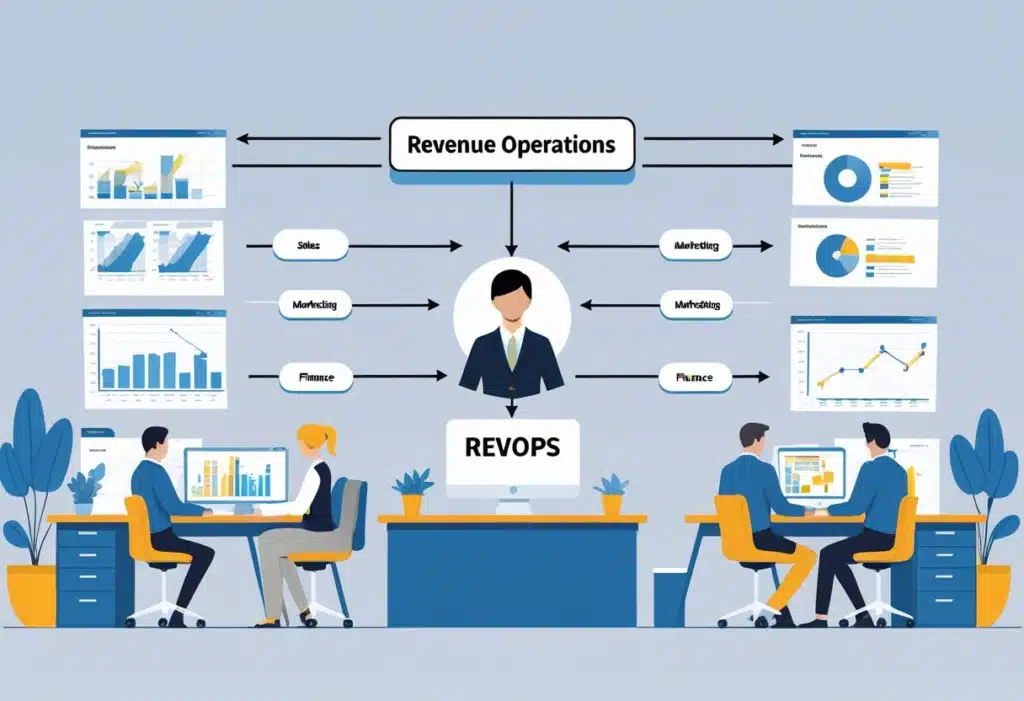 Who Does RevOps Report To? Organizational Structure Explained 3 A visual diagram showing Revenue Operations (RevOps) connecting sales, marketing, and finance teams with data dashboards, illustrating centralized reporting and collaboration.