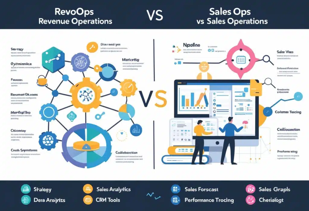 RevOps vs Sales Ops: Comprehensive Differences & Impact Explained 3 Side-by-side infographic comparing Revenue Operations (RevOps) and Sales Operations (SalesOps) roles, tools, and processes, including data analytics, CRM, and performance tracking.