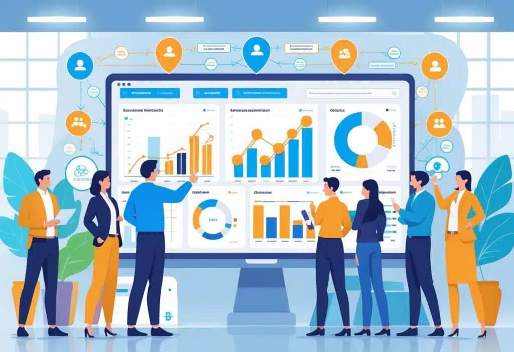 How to Become RevOps: Essential Steps for Building a Successful Revenue Operations Career 2 A group of professionals analyzing data dashboards with charts, graphs, and customer journey icons representing the integration of sales, marketing, and customer success in Revenue Operations.