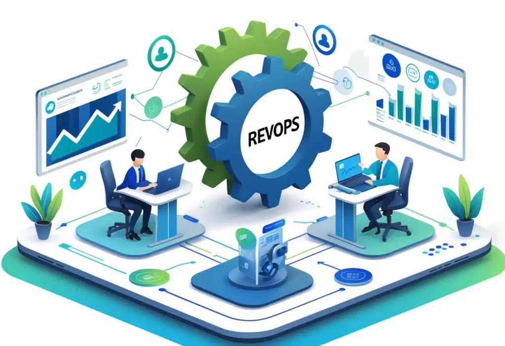 What Is RevOps? A Complete Guide to Revenue Operations (2025 Update) 3 Two professionals analyzing data dashboards connected to a large gear labeled RevOps, representing integration of sales, marketing, and customer success operations.
